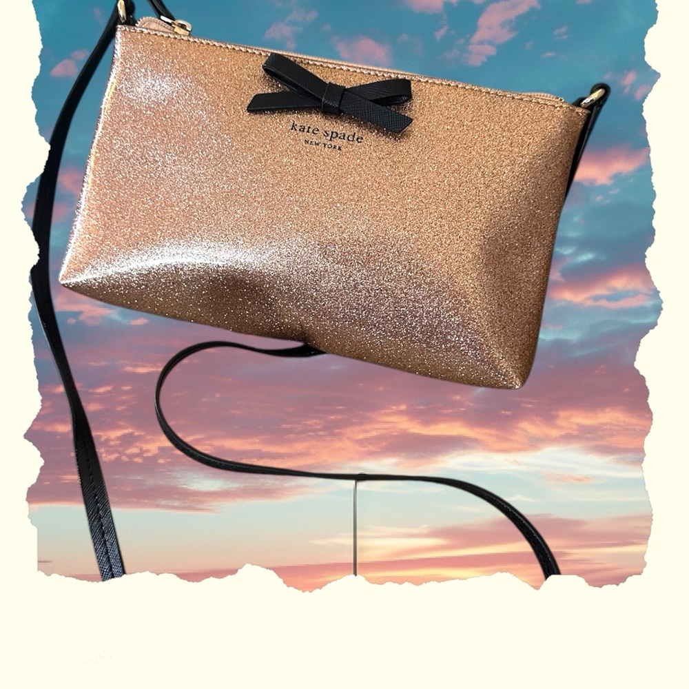 Kate Spade Emery Street Amy Glitter Rose Gold Crossbody With Black Bow - Picture 10 of 14